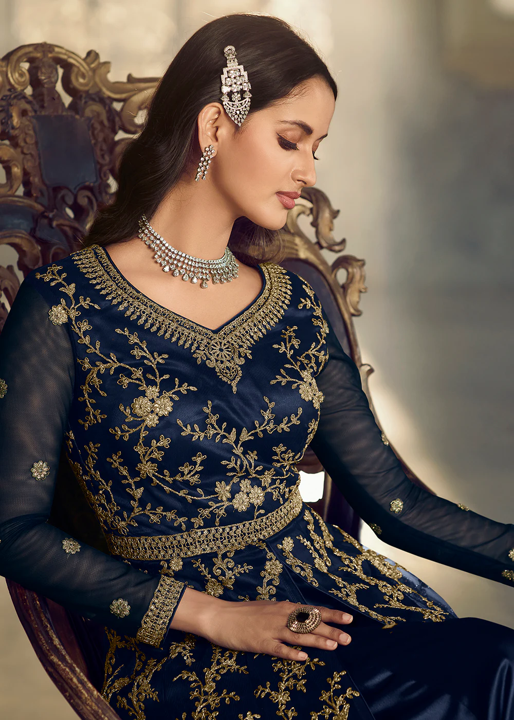 Navy Blue Wedding Party Net Designer Anarkali Suit - Image 2