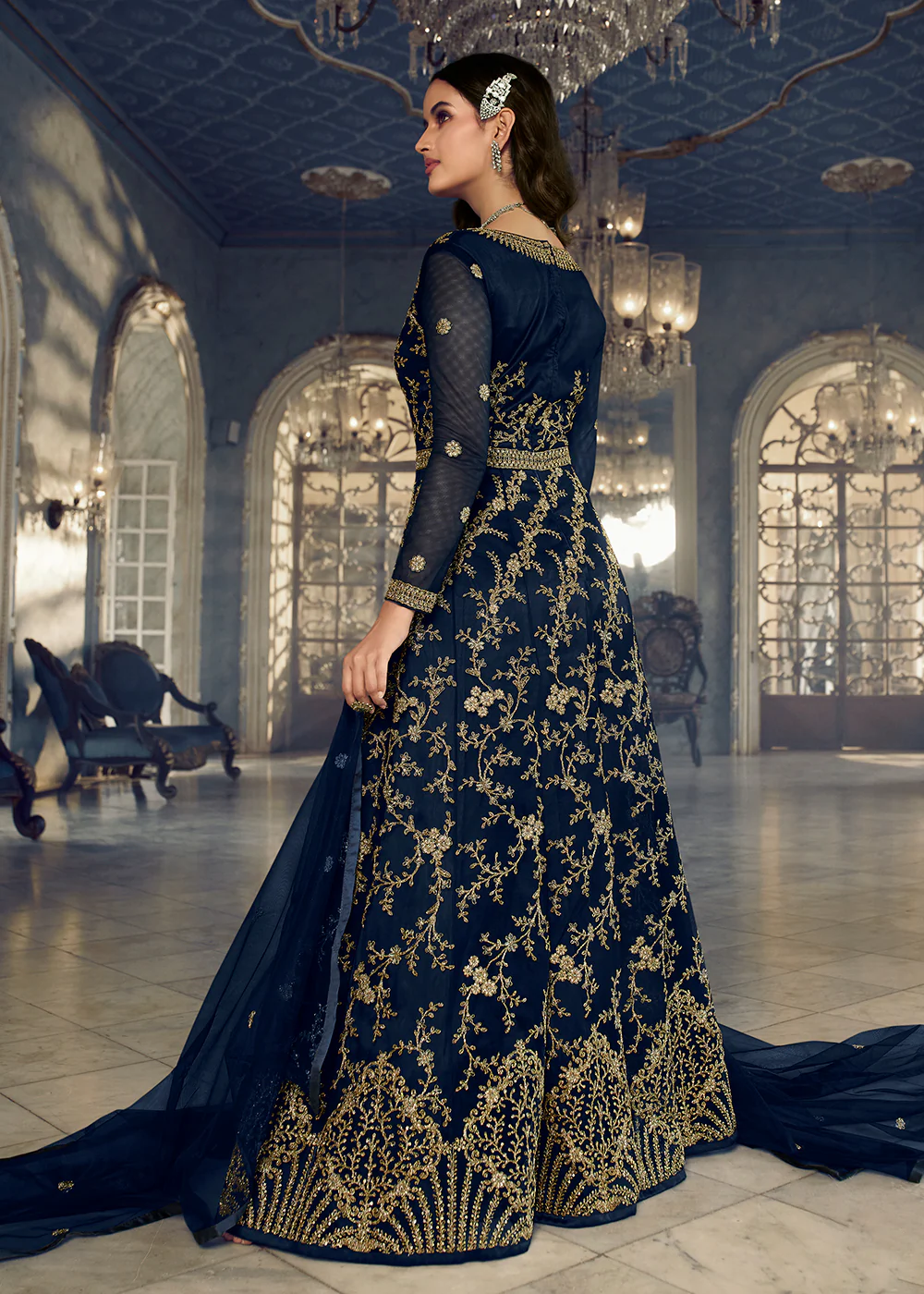 Navy Blue Wedding Party Net Designer Anarkali Suit - Image 3
