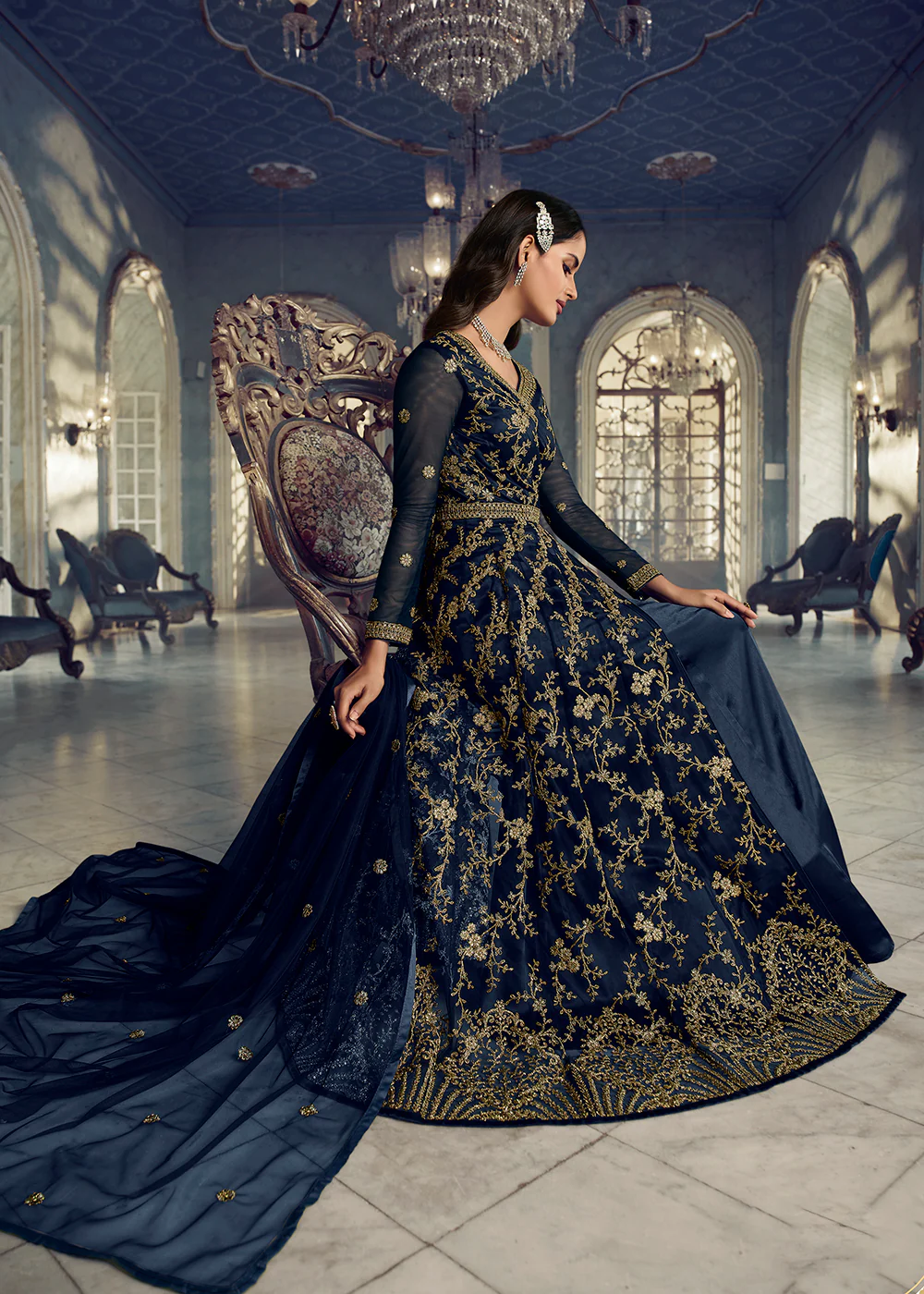 Navy Blue Wedding Party Net Designer Anarkali Suit - Image 4