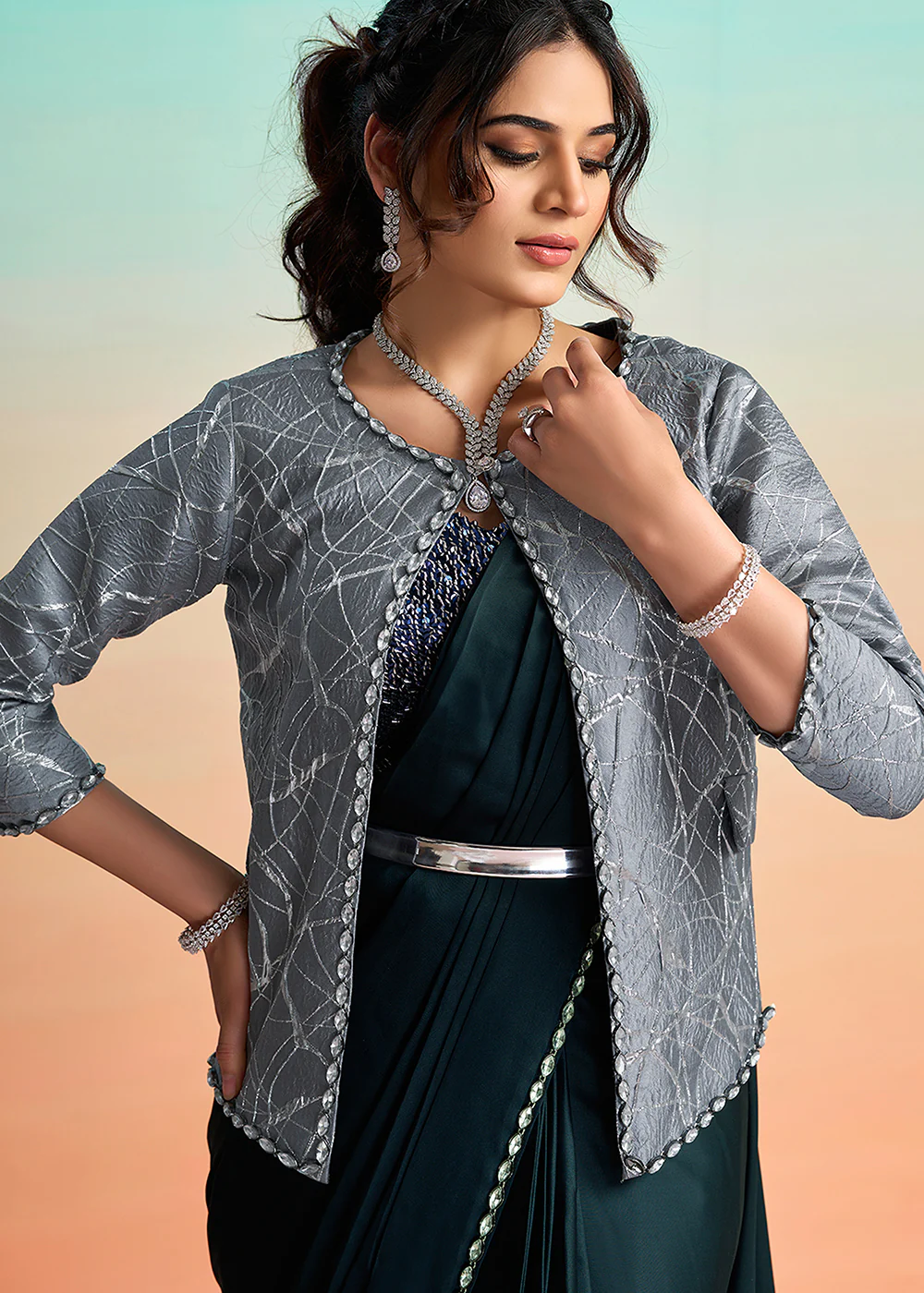 Navy Blue Wedding Party Ready to Wear Saree - Image 2