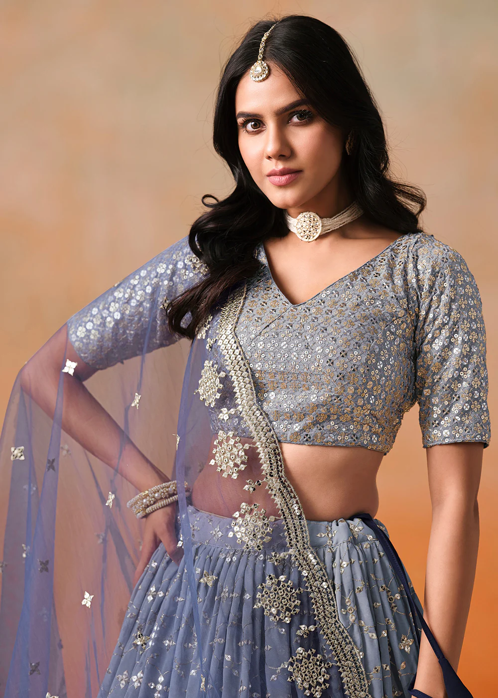 Navy Sequins & Zari Embroidered Wedding Lehenga Choli - Image 2