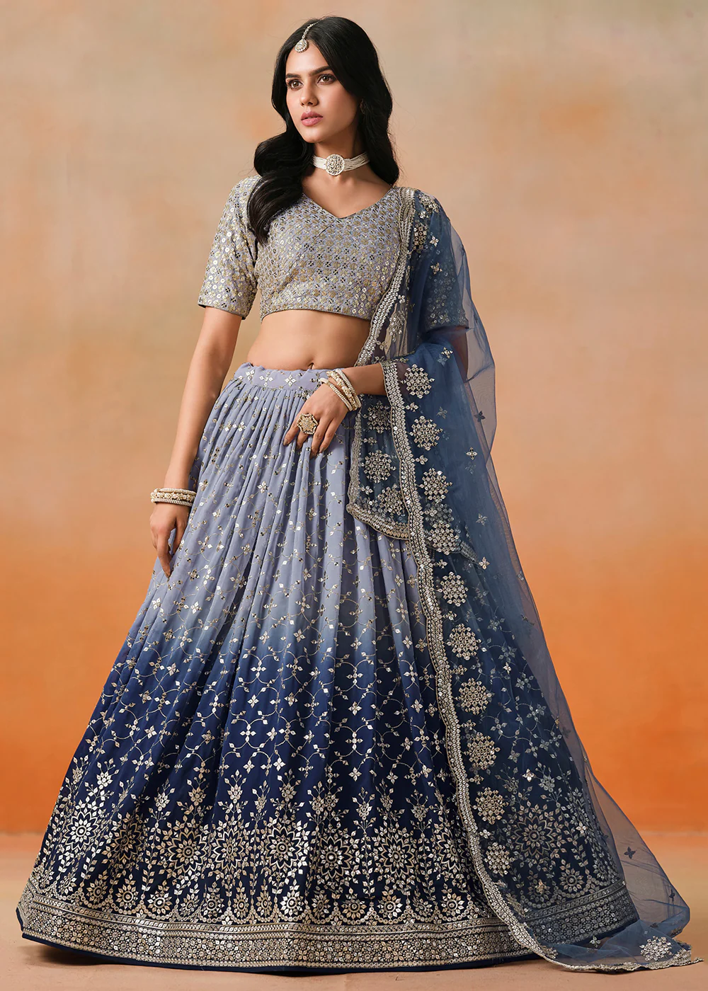 Navy Sequins & Zari Embroidered Wedding Lehenga Choli - Image 4