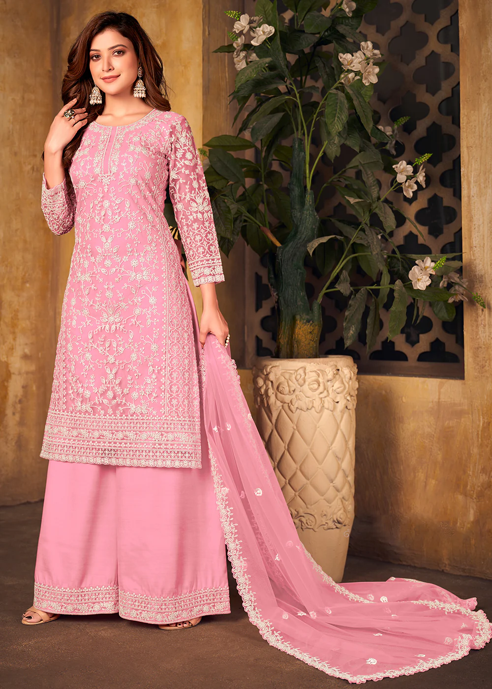 Net Baby Pink Ceremonial Embroidered Palazzo Suit - Image 3