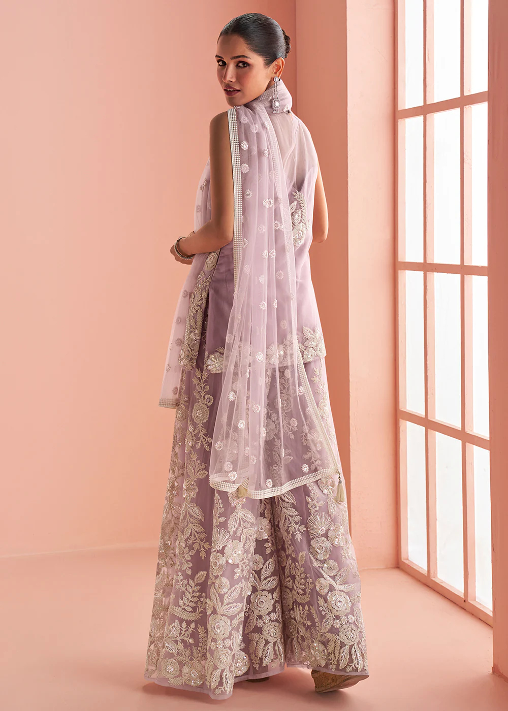 Net Blush Lilac Embroidered Party Wear Palazzo Suit - Image 3