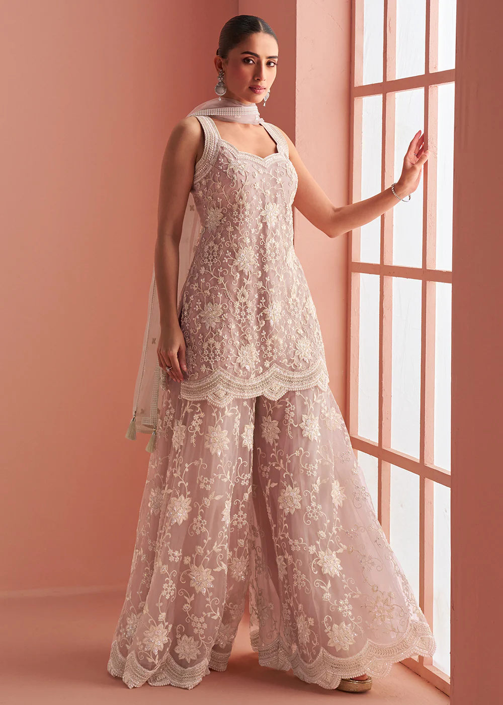 Net Blush Pink Embroidered Party Wear Palazzo Suit
