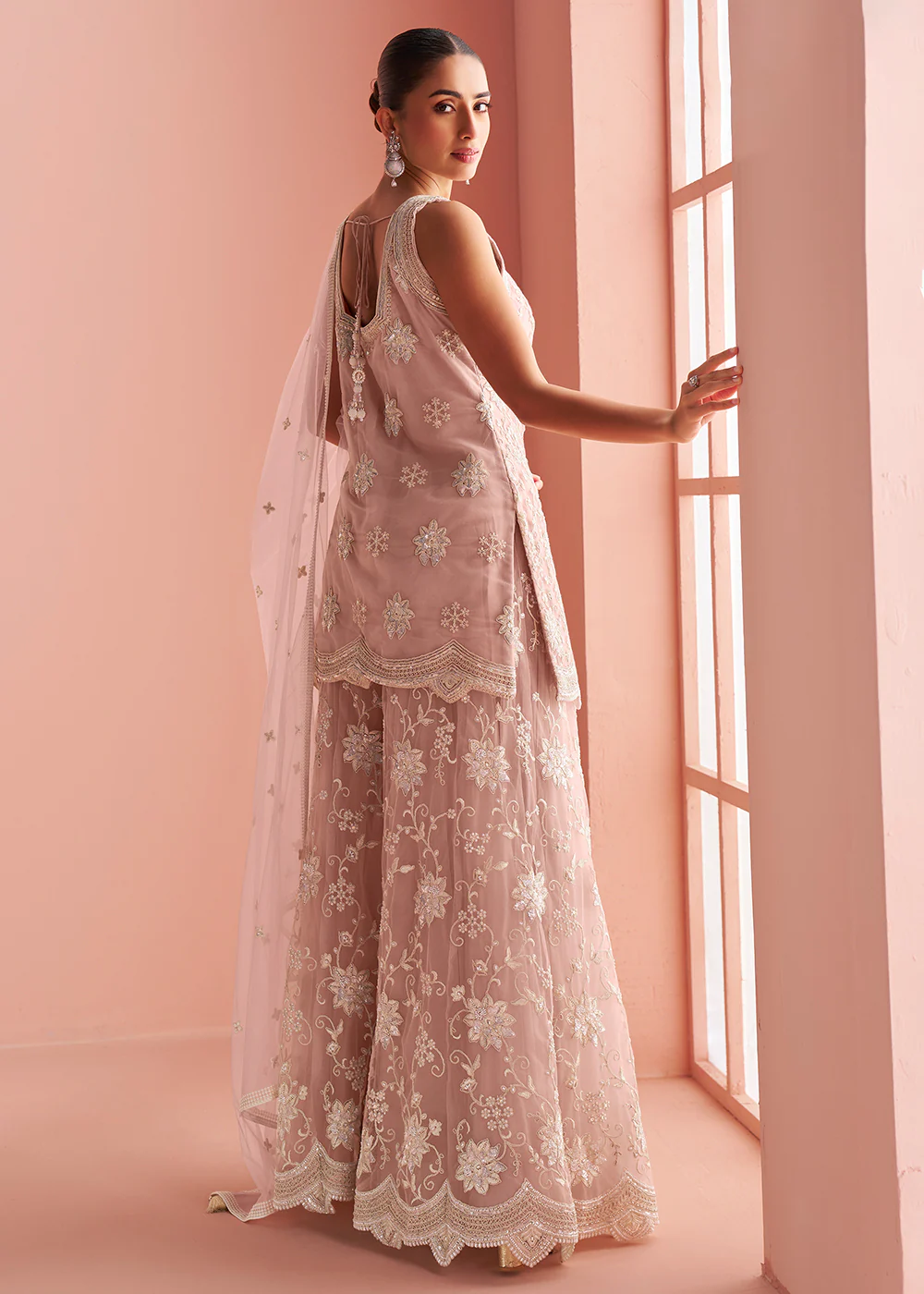 Net Blush Pink Embroidered Party Wear Palazzo Suit - Image 3