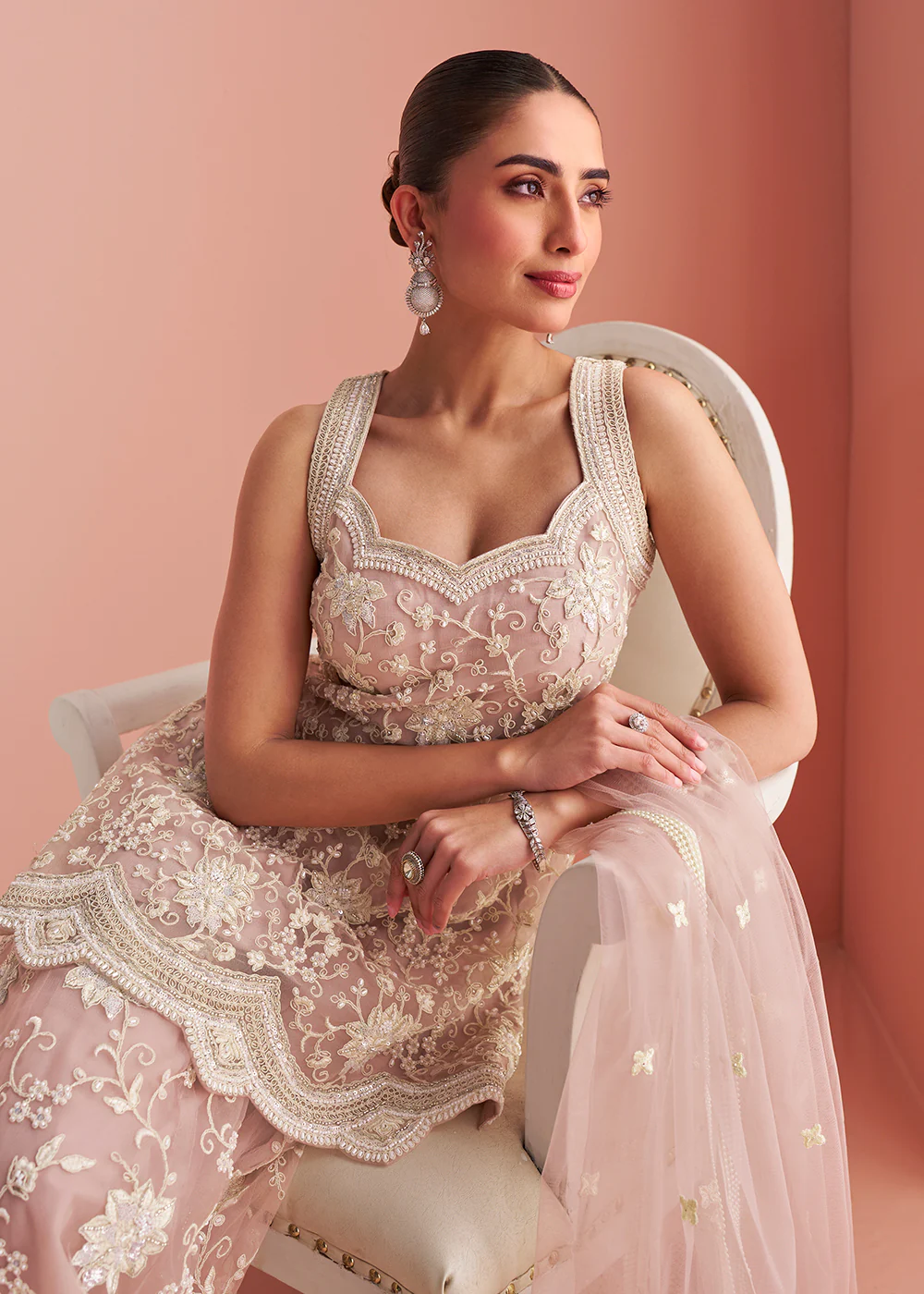 Net Blush Pink Embroidered Party Wear Palazzo Suit - Image 4