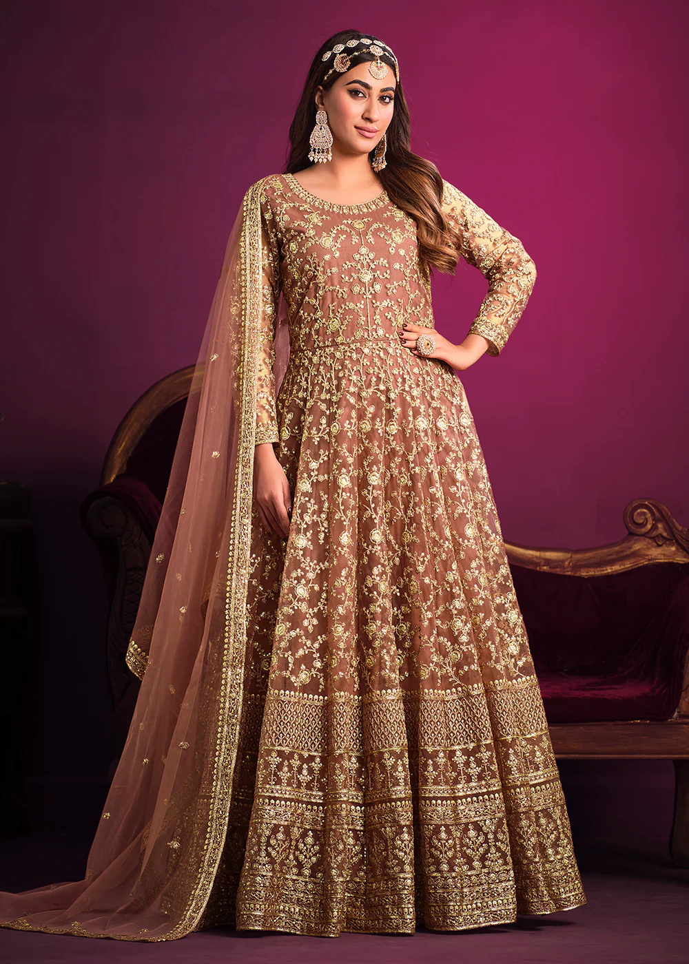 Net Brownish Peach Floor Length Ceremonial Anarkali Suit