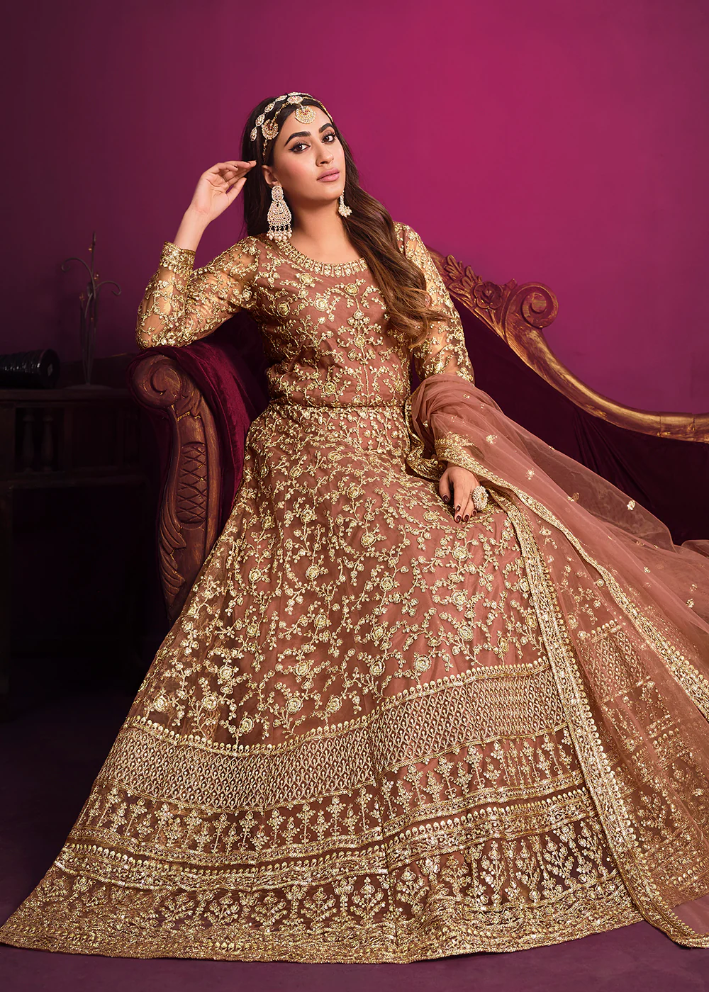 Net Brownish Peach Floor Length Ceremonial Anarkali Suit - Image 2