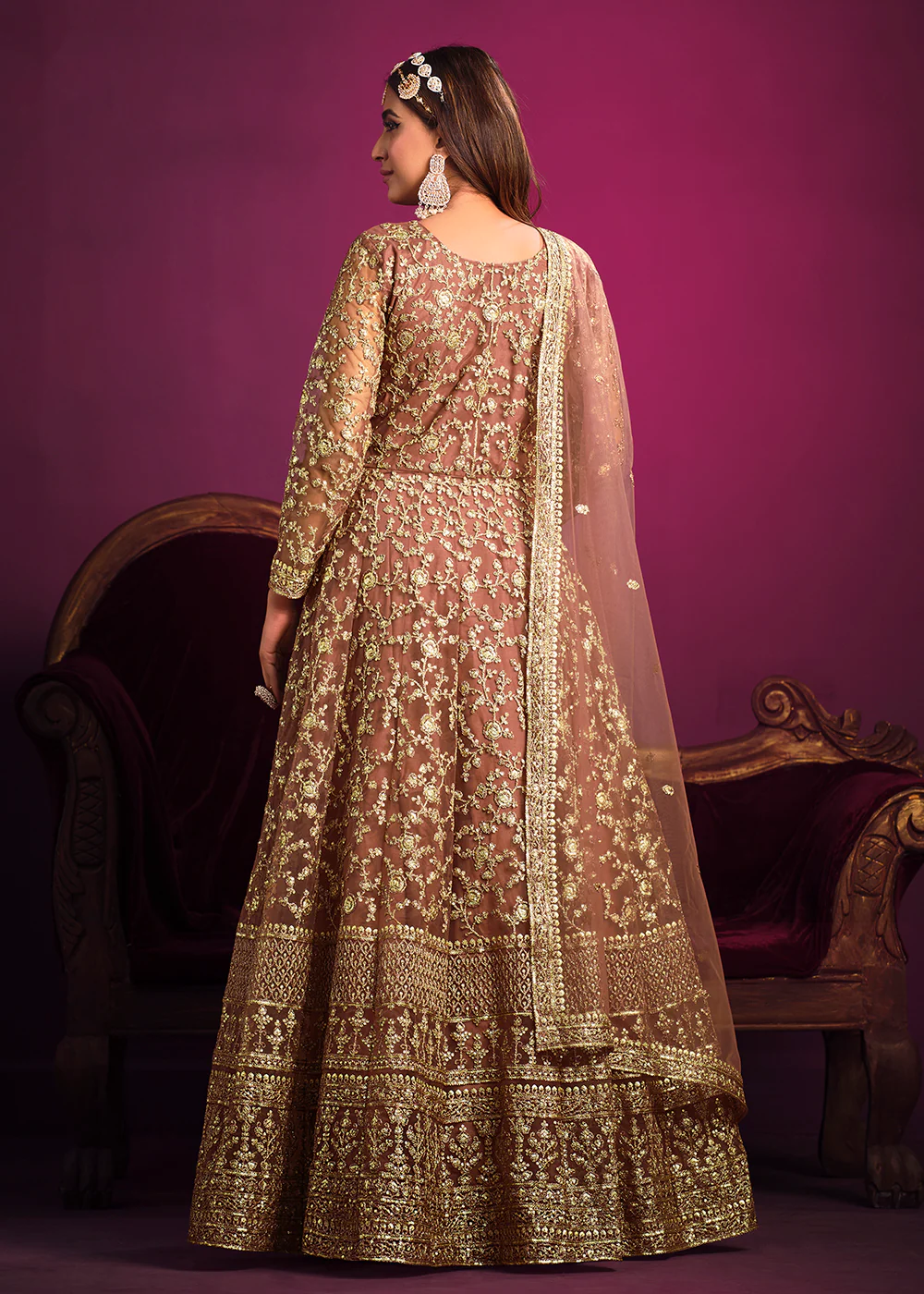 Net Brownish Peach Floor Length Ceremonial Anarkali Suit - Image 3