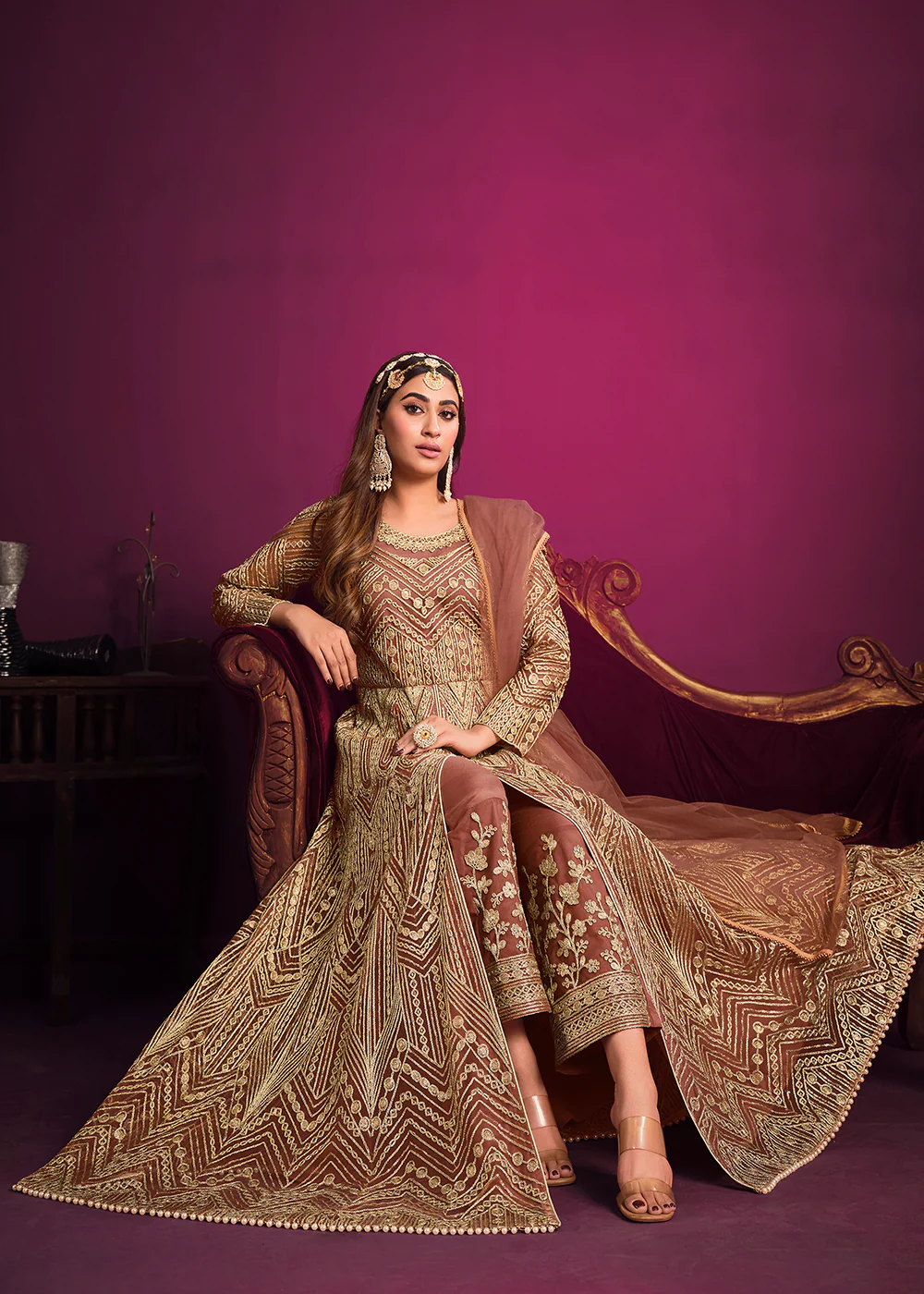 Net Brownish Peach Floor Length Sangeet Wear Anarkali Suit - Image 2
