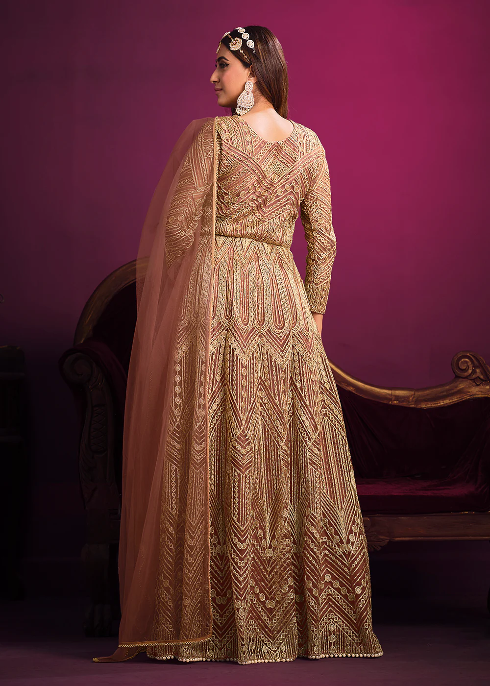 Net Brownish Peach Floor Length Sangeet Wear Anarkali Suit - Image 3