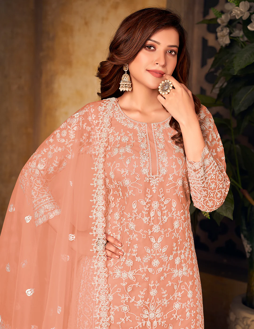 Net Coral Peach Ceremonial Embroidered Palazzo Suit - Image 2