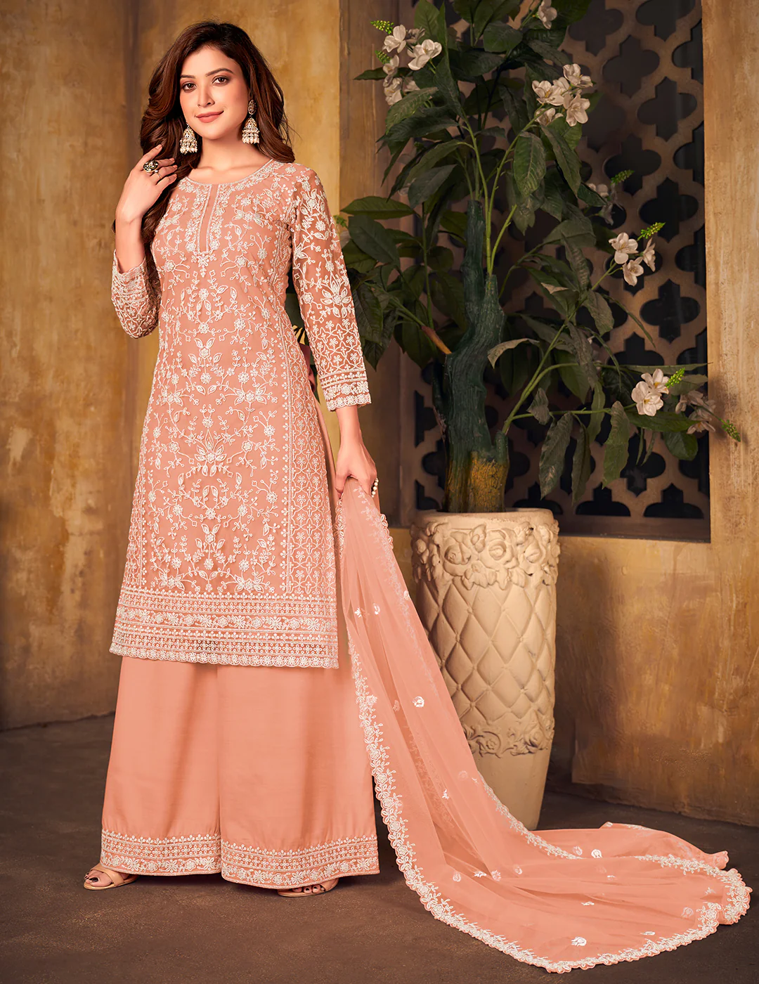 Net Coral Peach Ceremonial Embroidered Palazzo Suit - Image 3