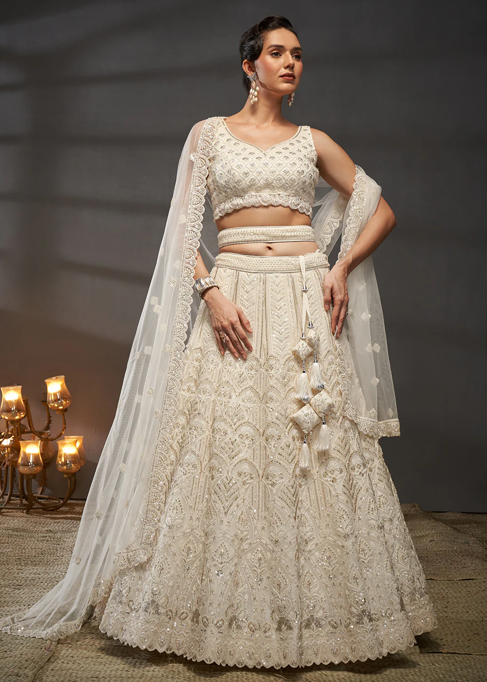 Net Cream Heavy Embroidered Designer Bridal Lehenga Choli