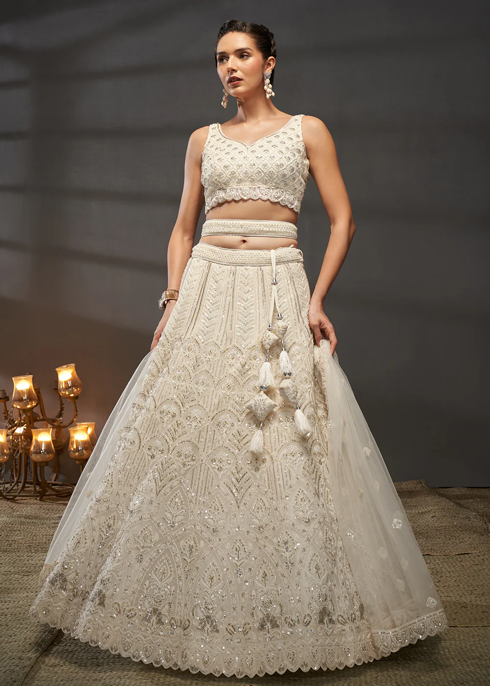 Net Cream Heavy Embroidered Designer Bridal Lehenga Choli - Image 4