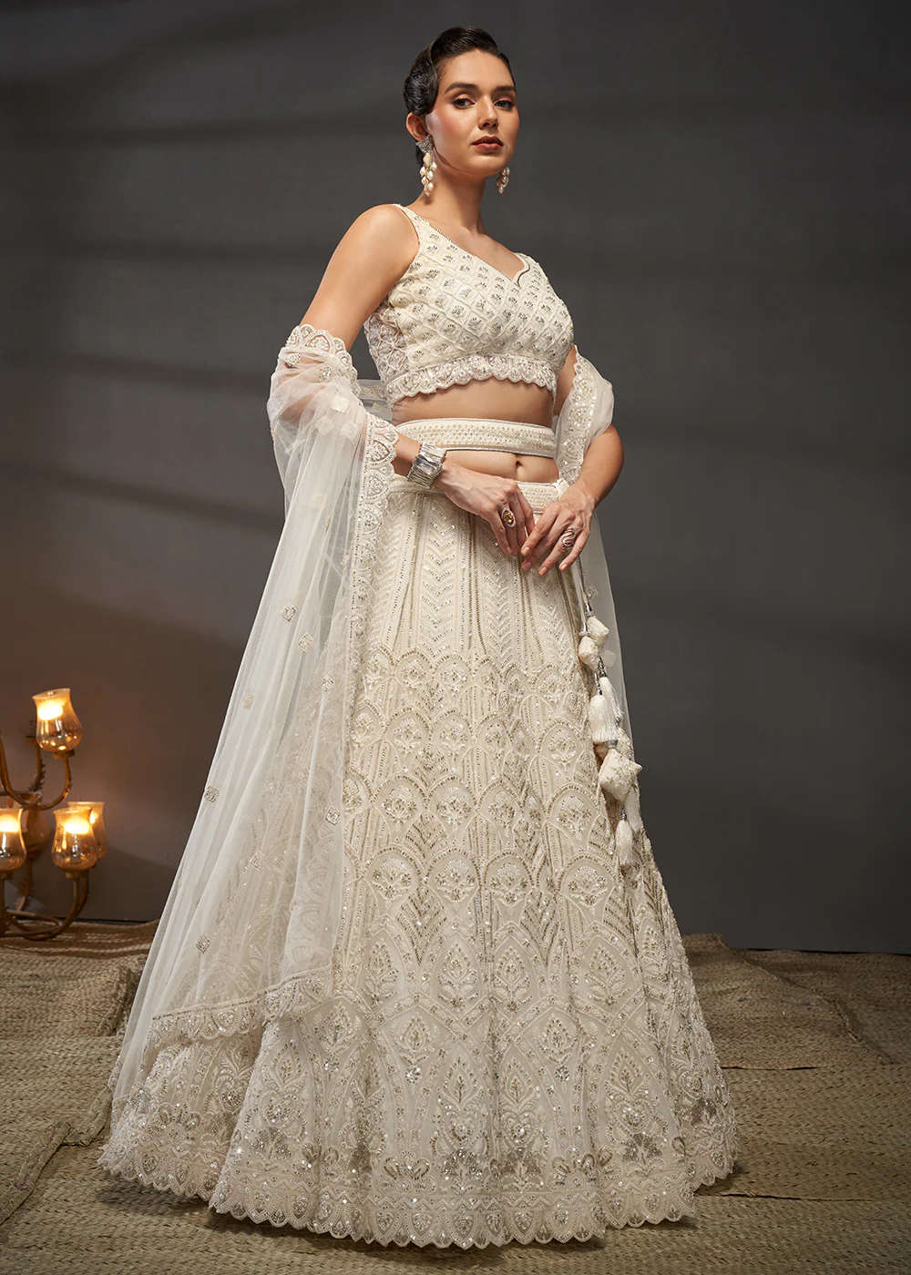 Net Cream Heavy Embroidered Designer Bridal Lehenga Choli - Image 5