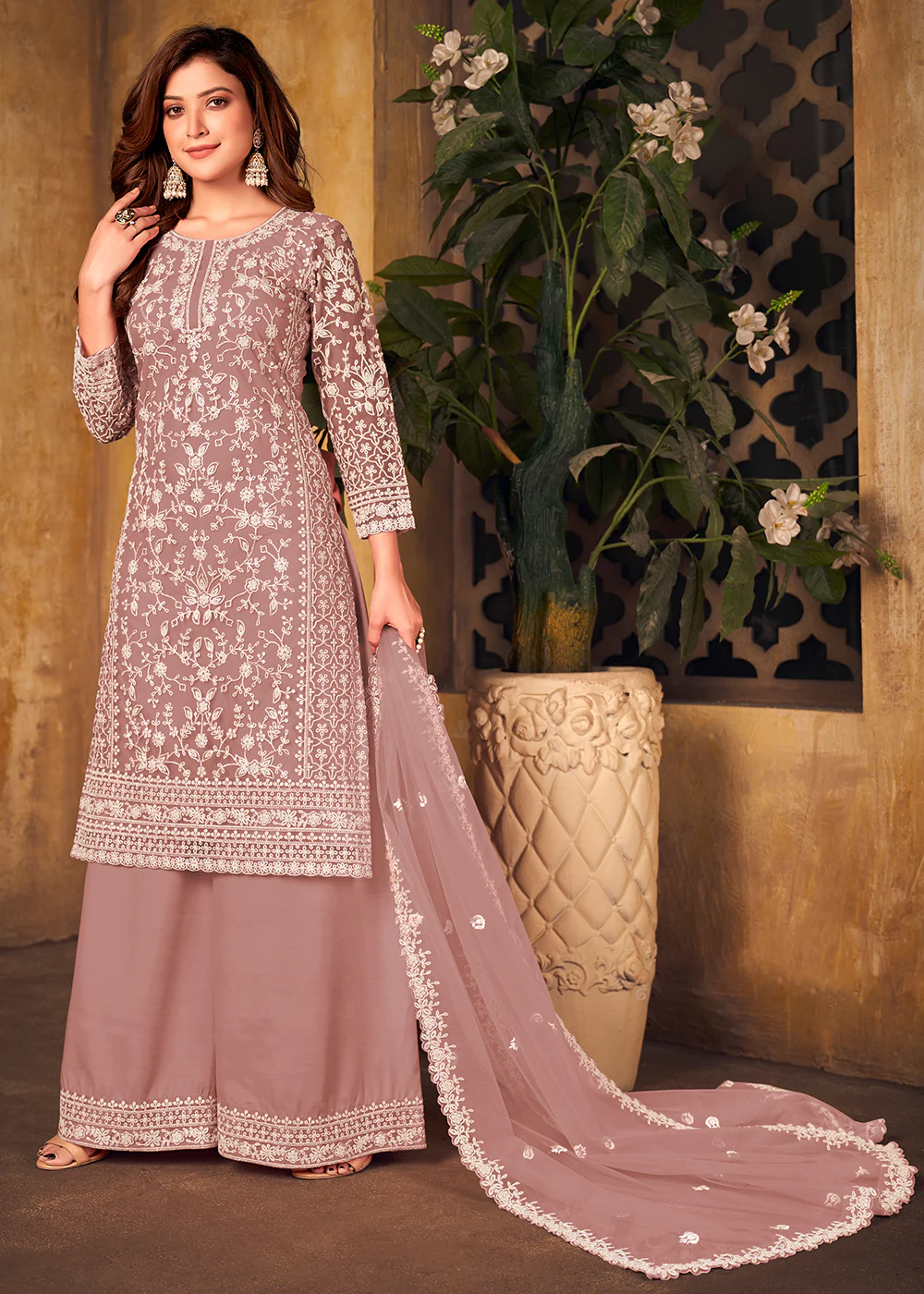 Net Dusty Mauve Ceremonial Embroidered Palazzo Suit - Image 3