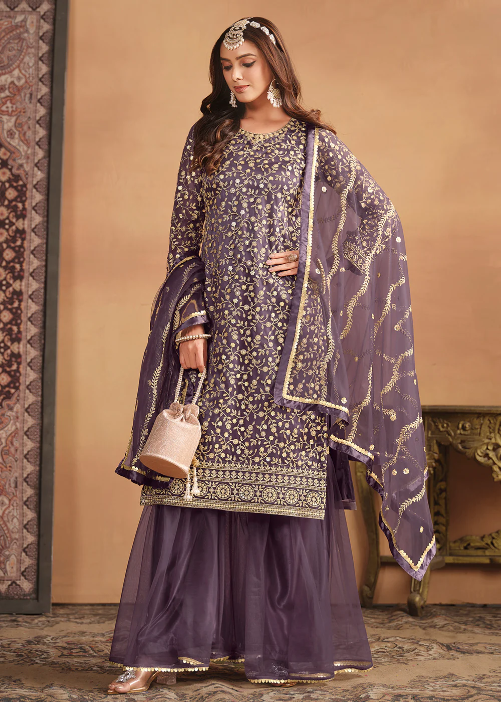 Net Dusty Purple Embroidered Festive Gharara Style Suit - Image 3