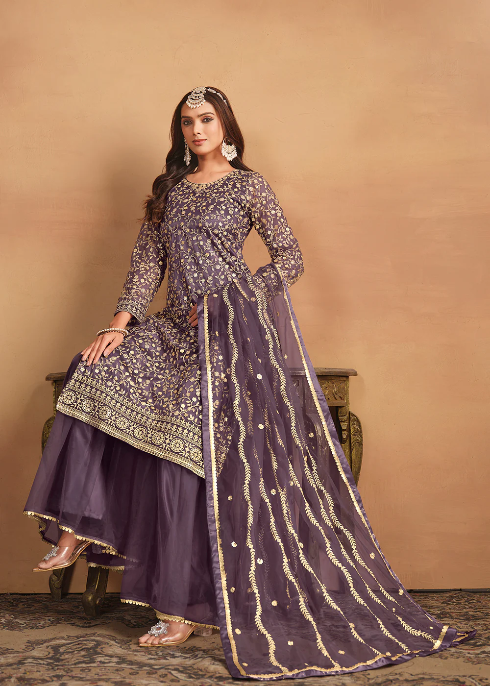 Net Dusty Purple Embroidered Festive Gharara Style Suit - Image 4