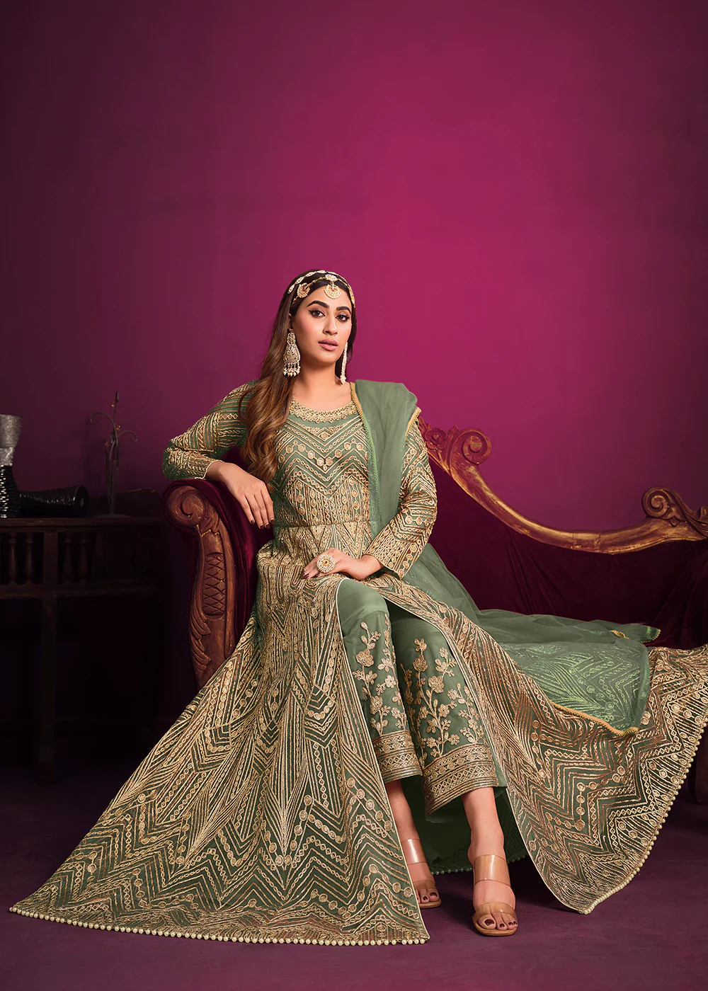 Net Elegant Green Floor Length Sangeet Wear Anarkali Suit - Image 2