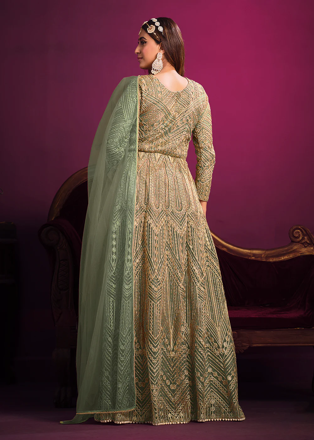 Net Elegant Green Floor Length Sangeet Wear Anarkali Suit - Image 3
