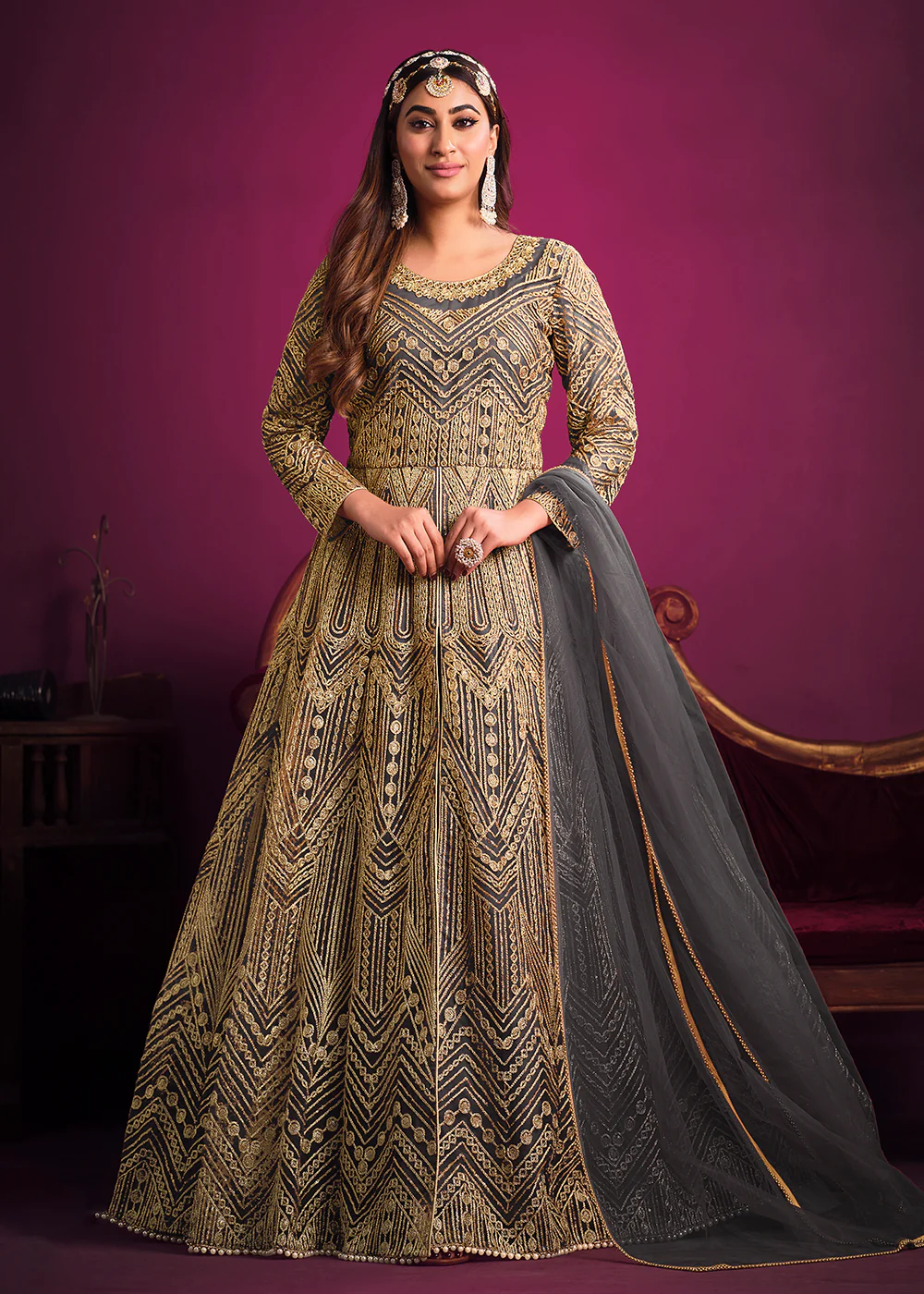 Net Elegant Grey Floor Length Sangeet Wear Anarkali Suit