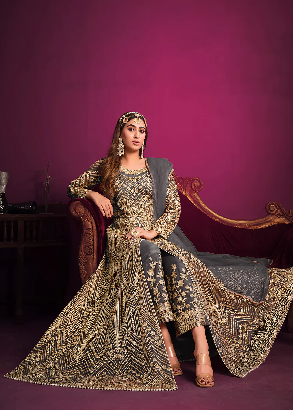 Net Elegant Grey Floor Length Sangeet Wear Anarkali Suit - Image 2