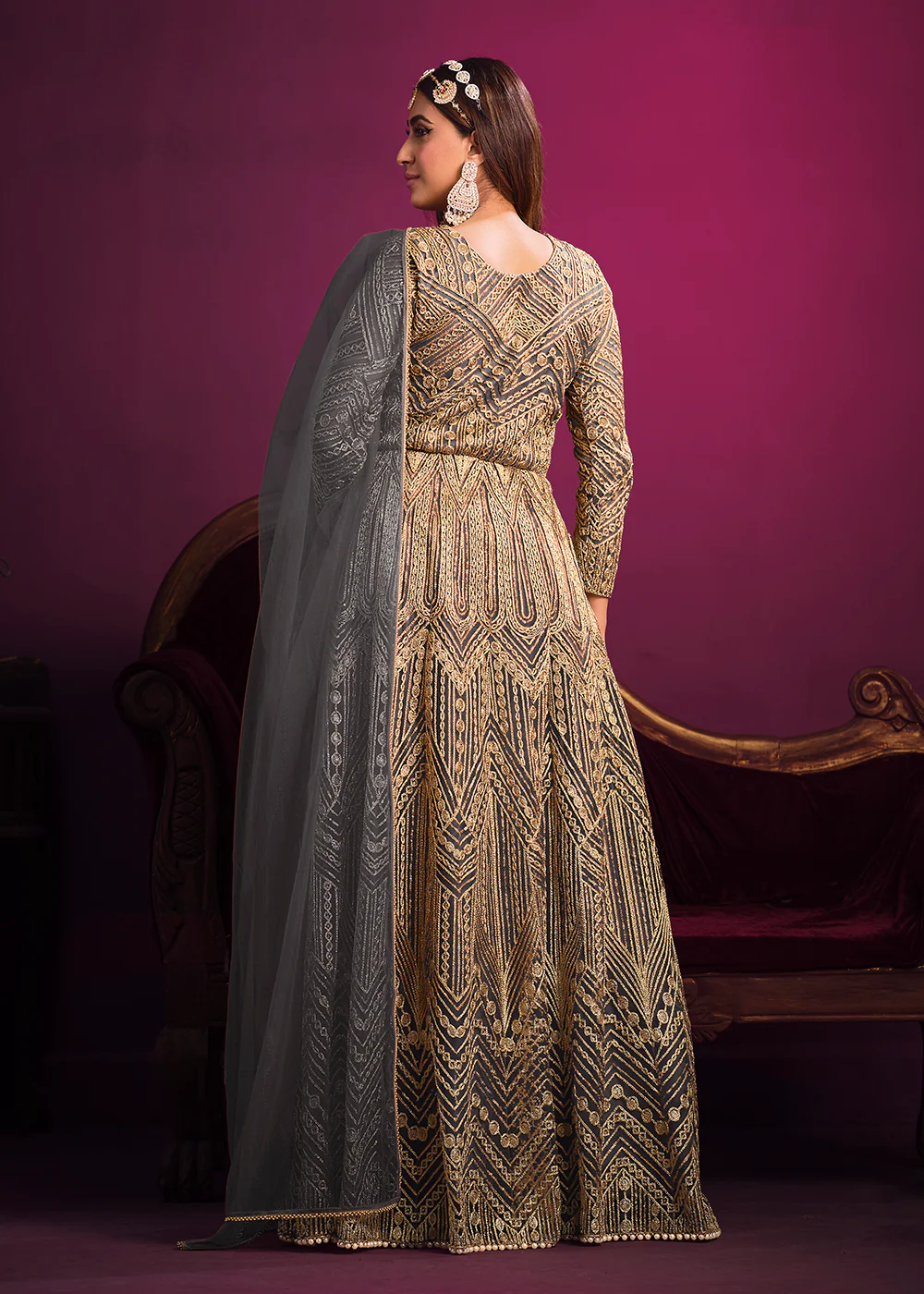 Net Elegant Grey Floor Length Sangeet Wear Anarkali Suit - Image 3