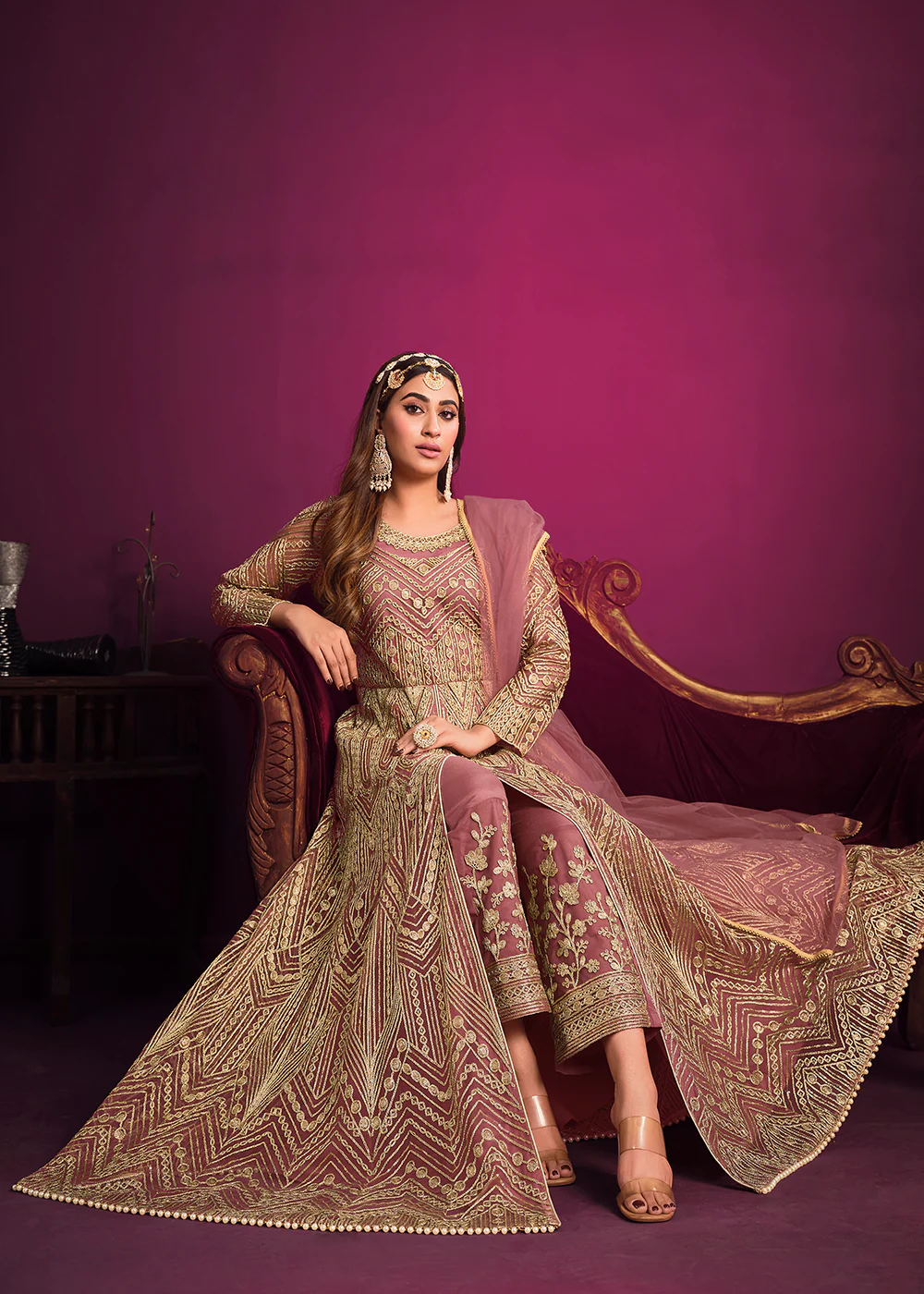 Net Elegant Pink Floor Length Sangeet Wear Anarkali Suit - Image 2
