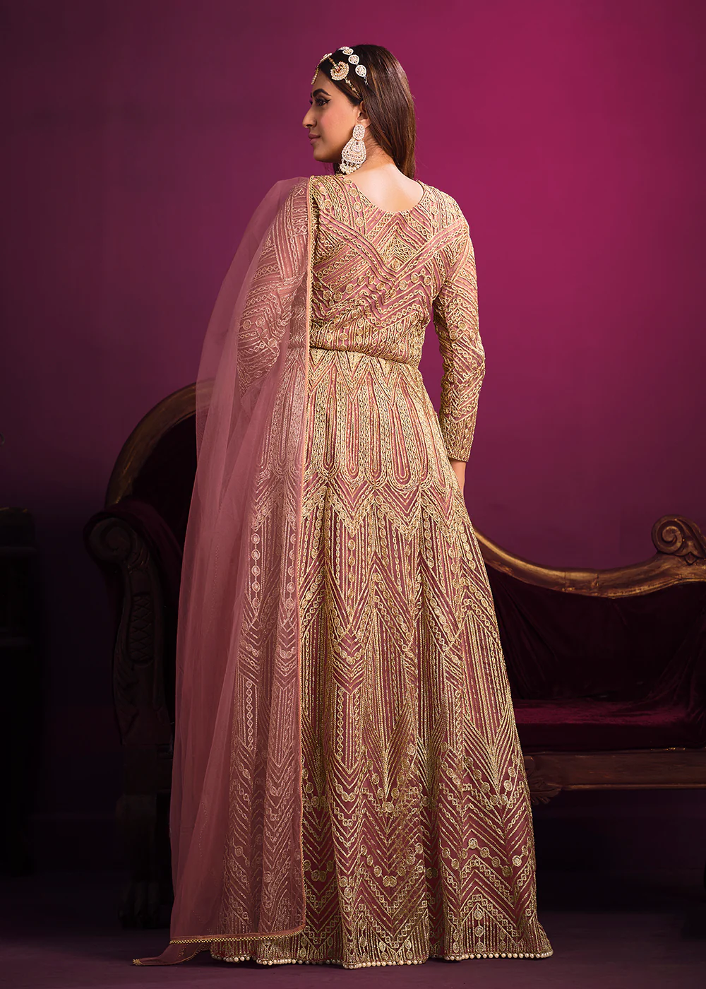 Net Elegant Pink Floor Length Sangeet Wear Anarkali Suit - Image 3