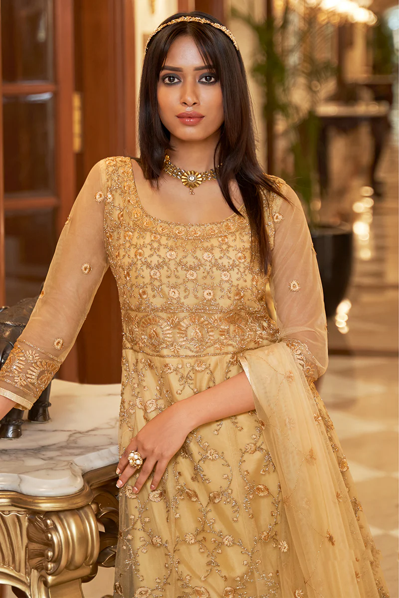 Net Embellished Beige Wedding Festival Anarkali Dress - Image 2