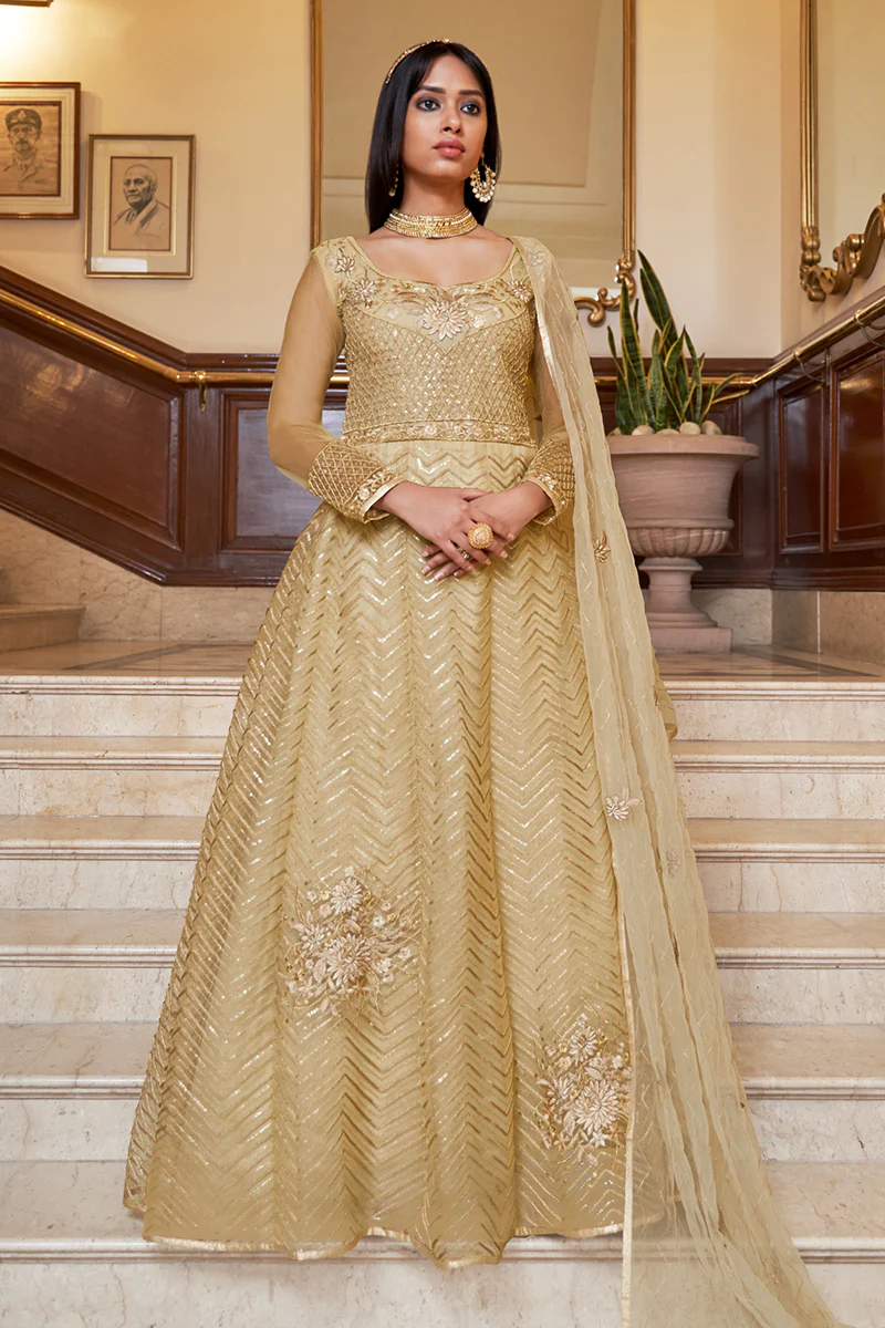 Net Embellished Golden Wedding Festival Anarkali Dress