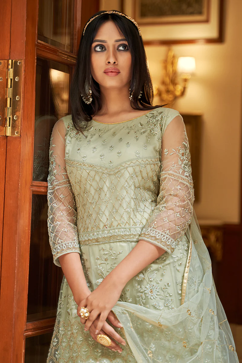 Net Embellished Green Wedding Festival Anarkali Dress - Image 2