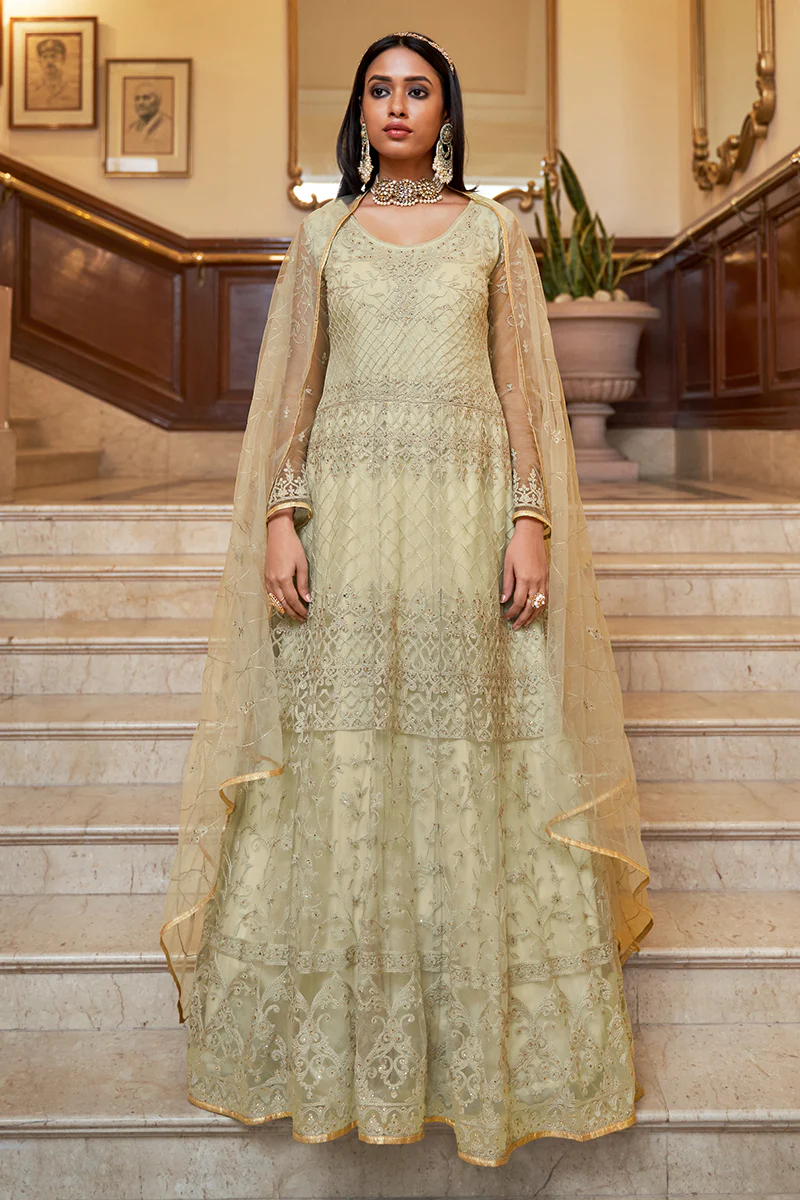 Net Embellished Ivory Green Wedding Festival Anarkali Dress