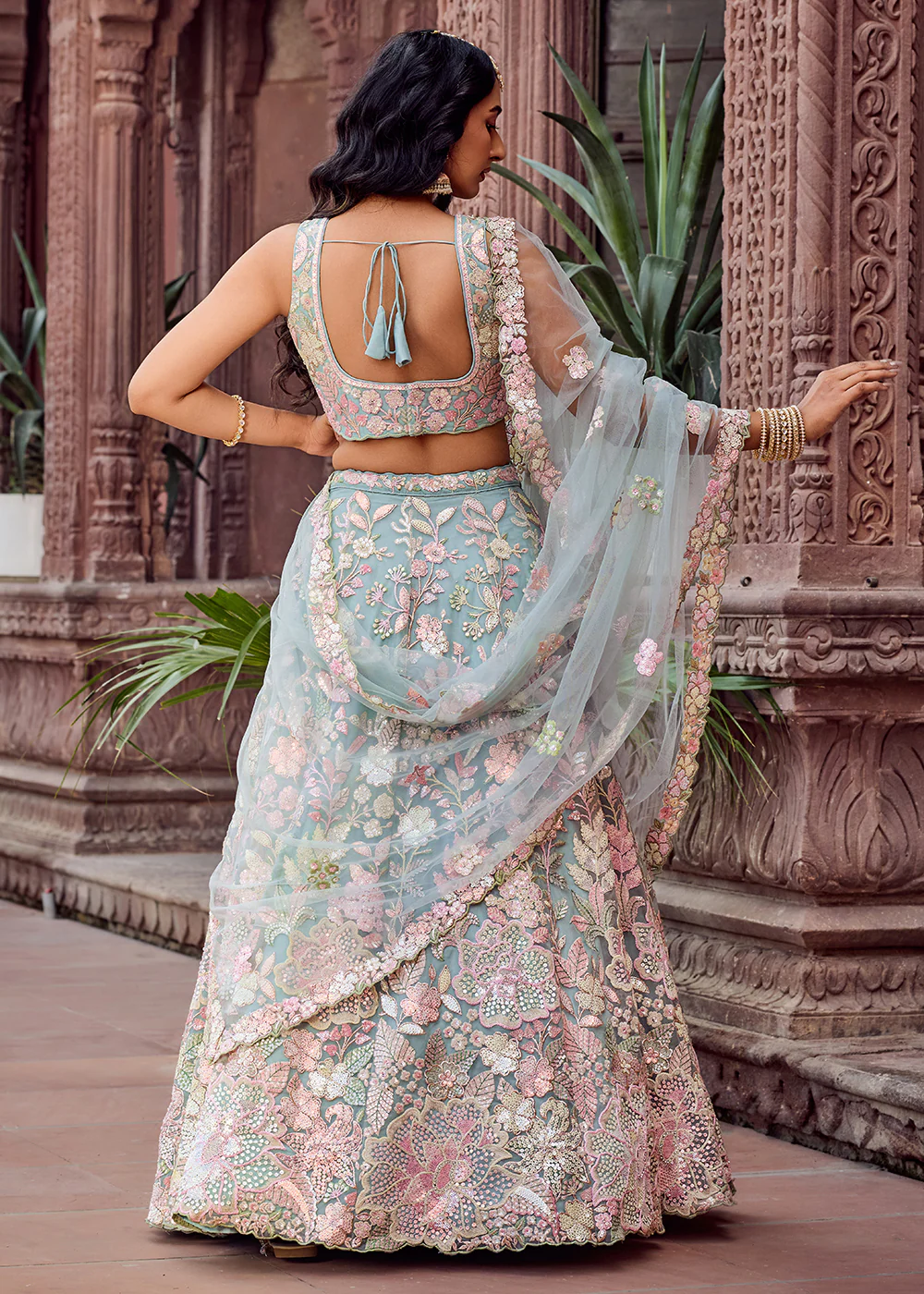 Net Embroidered Blue Wedding Party Lehenga Choli - Image 3