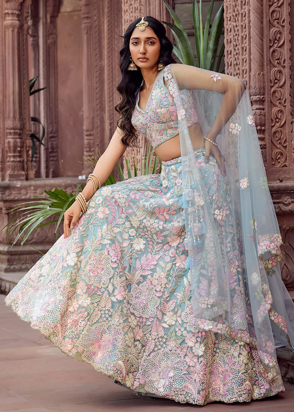 Net Embroidered Blue Wedding Party Lehenga Choli - Image 4