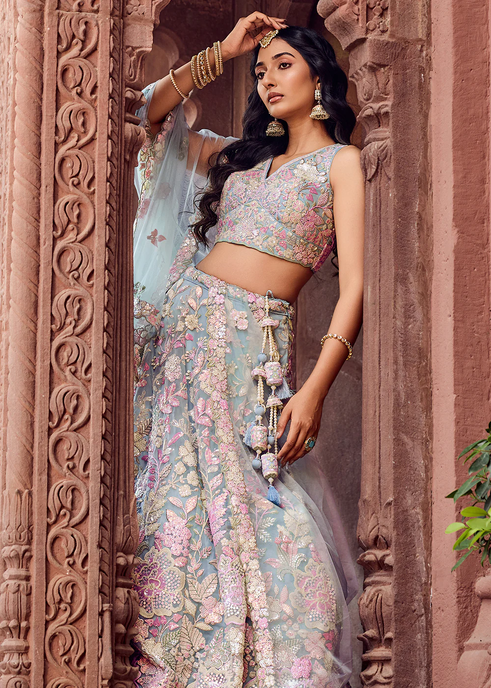 Net Embroidered Blue Wedding Party Lehenga Choli - Image 9
