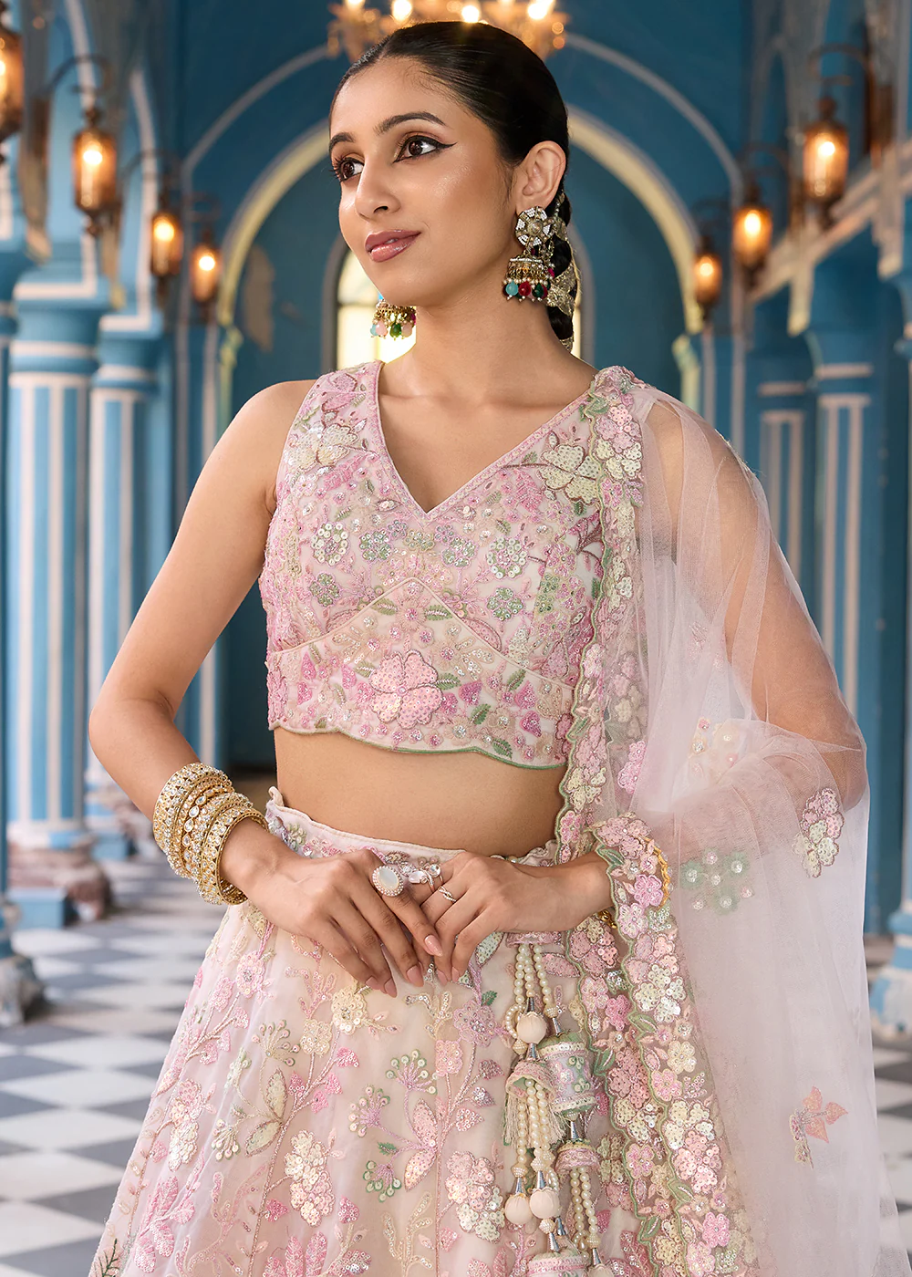 Net Embroidered Cream Wedding Party Lehenga Choli - Image 2