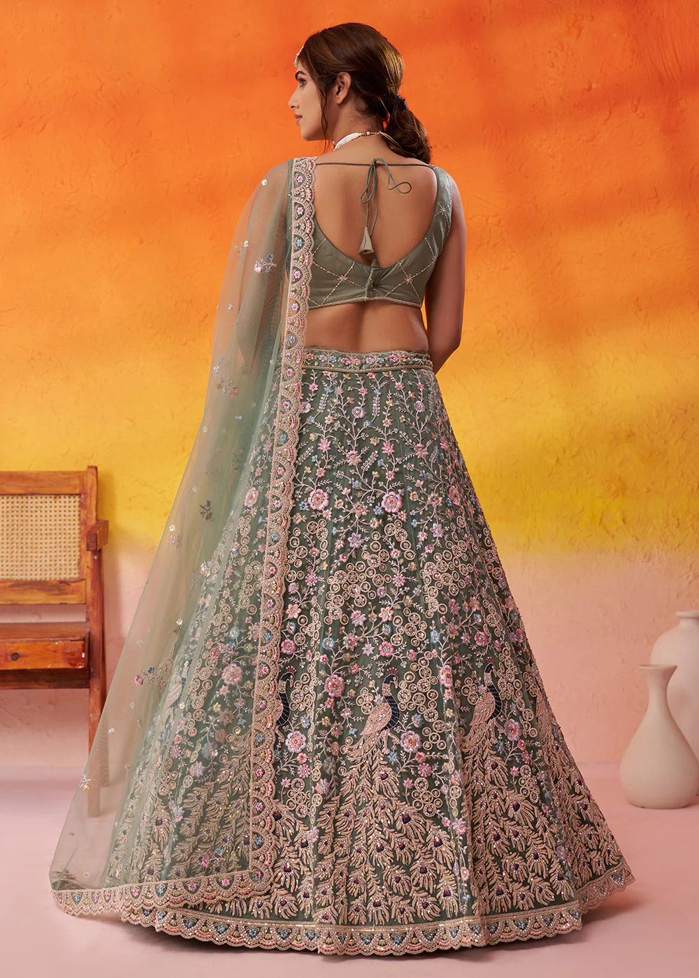 Net Embroidered Green Wedding Festive Lehenga Choli - Image 3