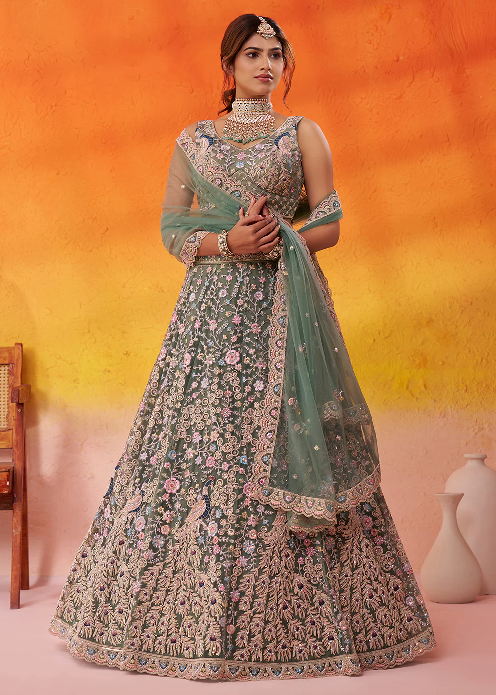 Net Embroidered Green Wedding Festive Lehenga Choli - Image 4