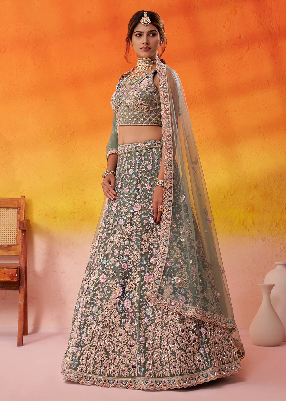 Net Embroidered Green Wedding Festive Lehenga Choli - Image 5