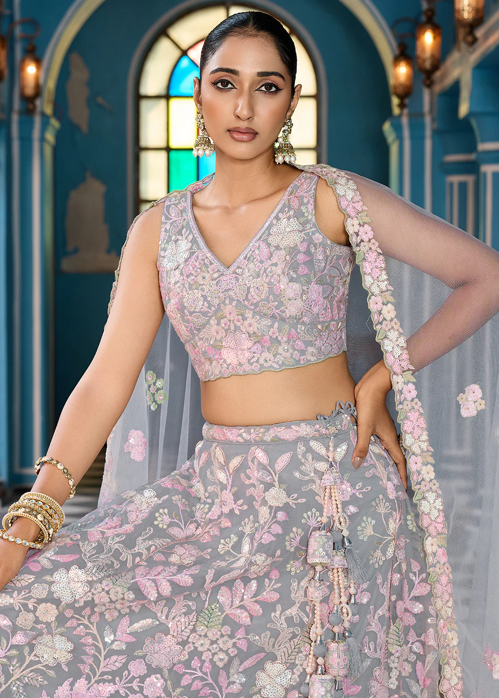 Net Embroidered Grey Wedding Party Lehenga Choli - Image 2