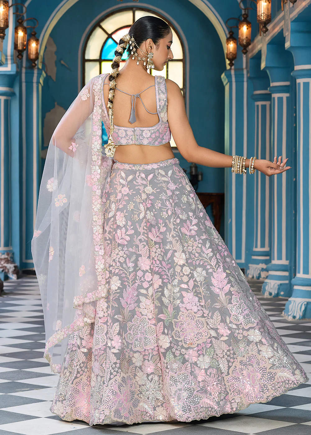 Net Embroidered Grey Wedding Party Lehenga Choli - Image 3