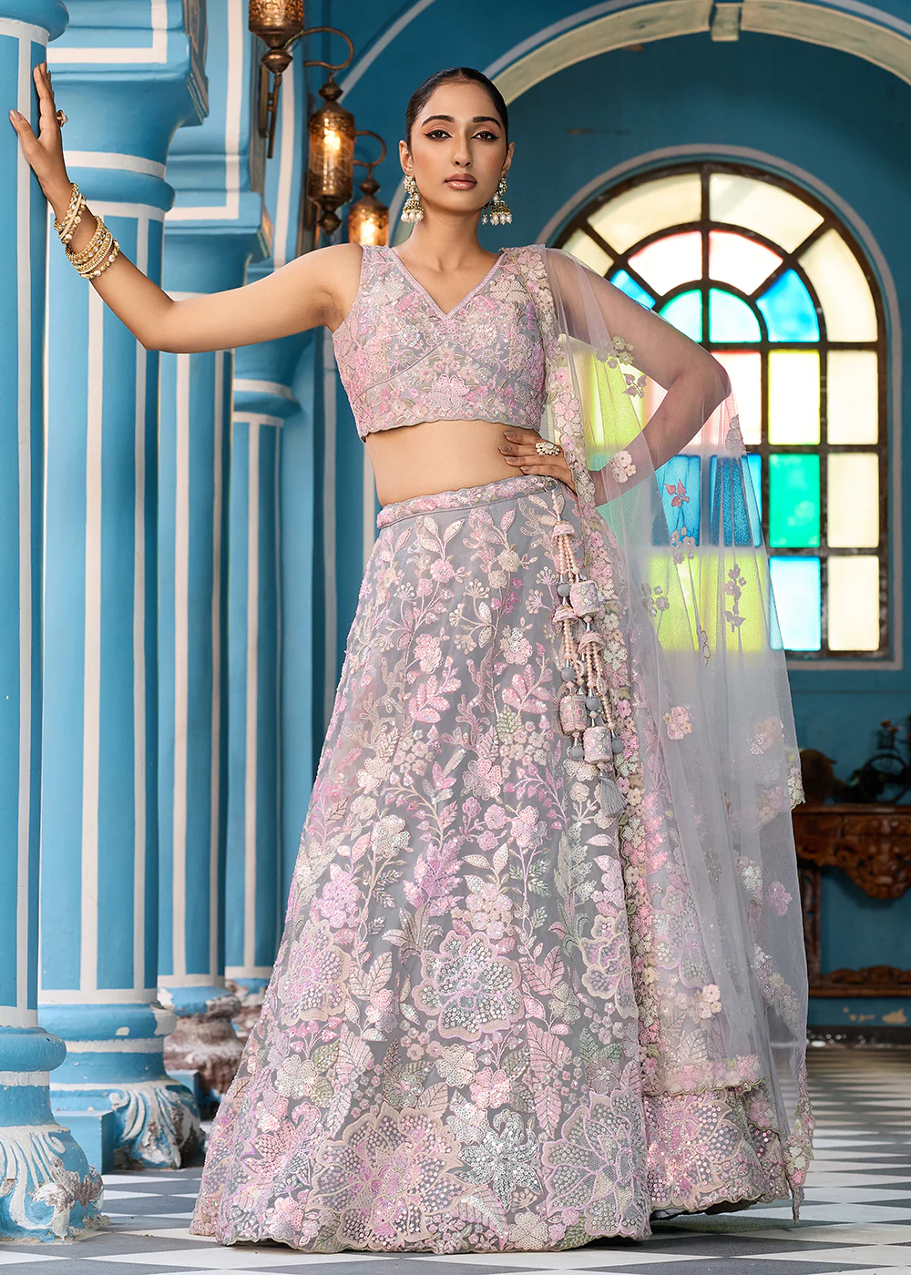 Net Embroidered Grey Wedding Party Lehenga Choli - Image 7