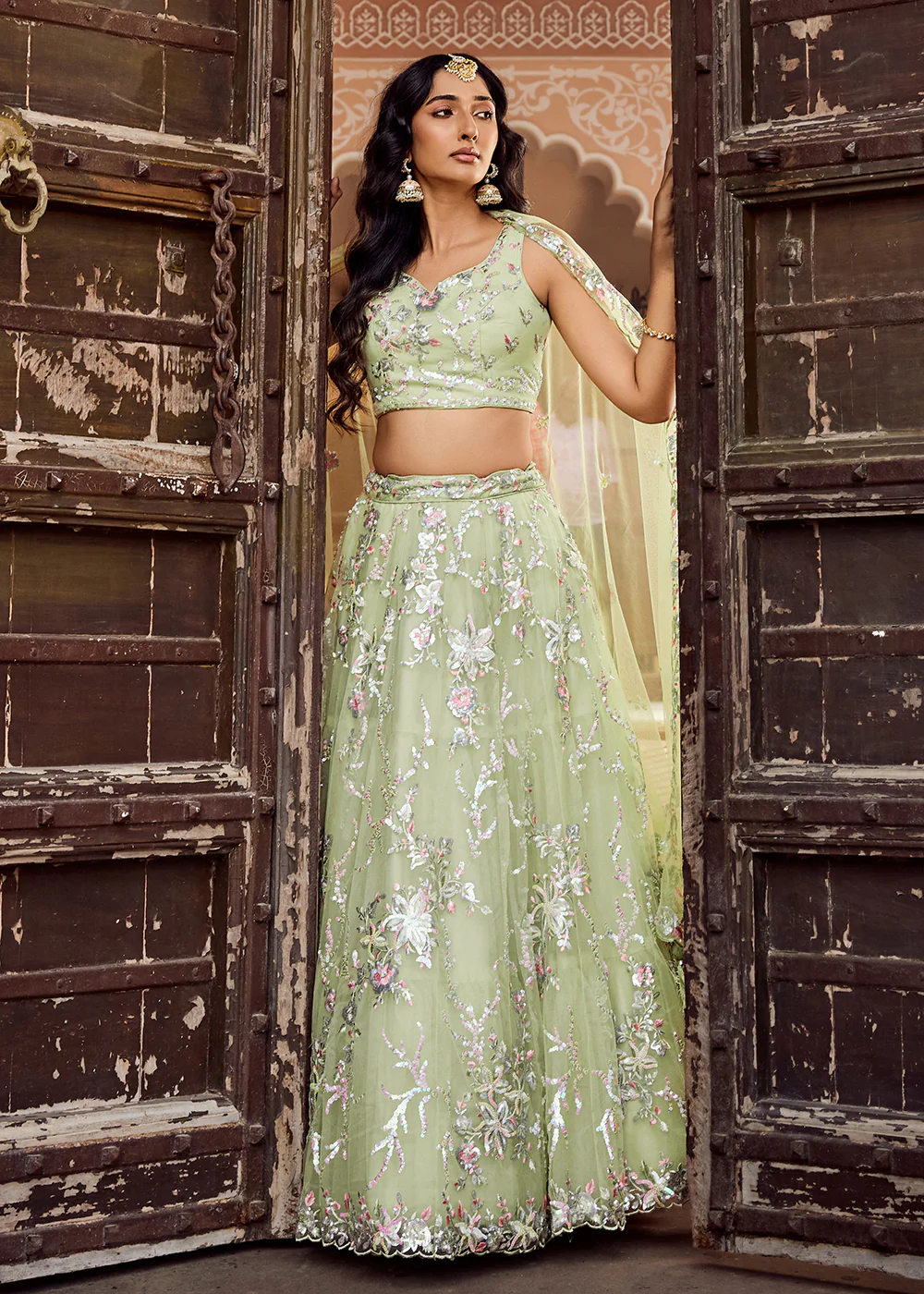 Net Embroidered Lime Green Festive Style Lehenga Choli - Image 11
