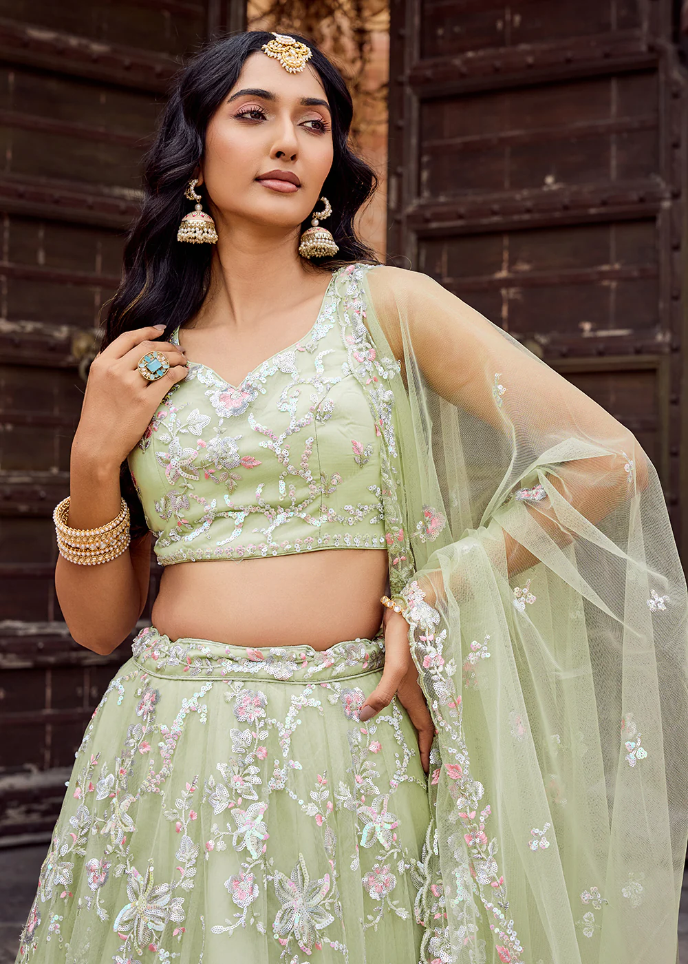 Net Embroidered Lime Green Festive Style Lehenga Choli - Image 6