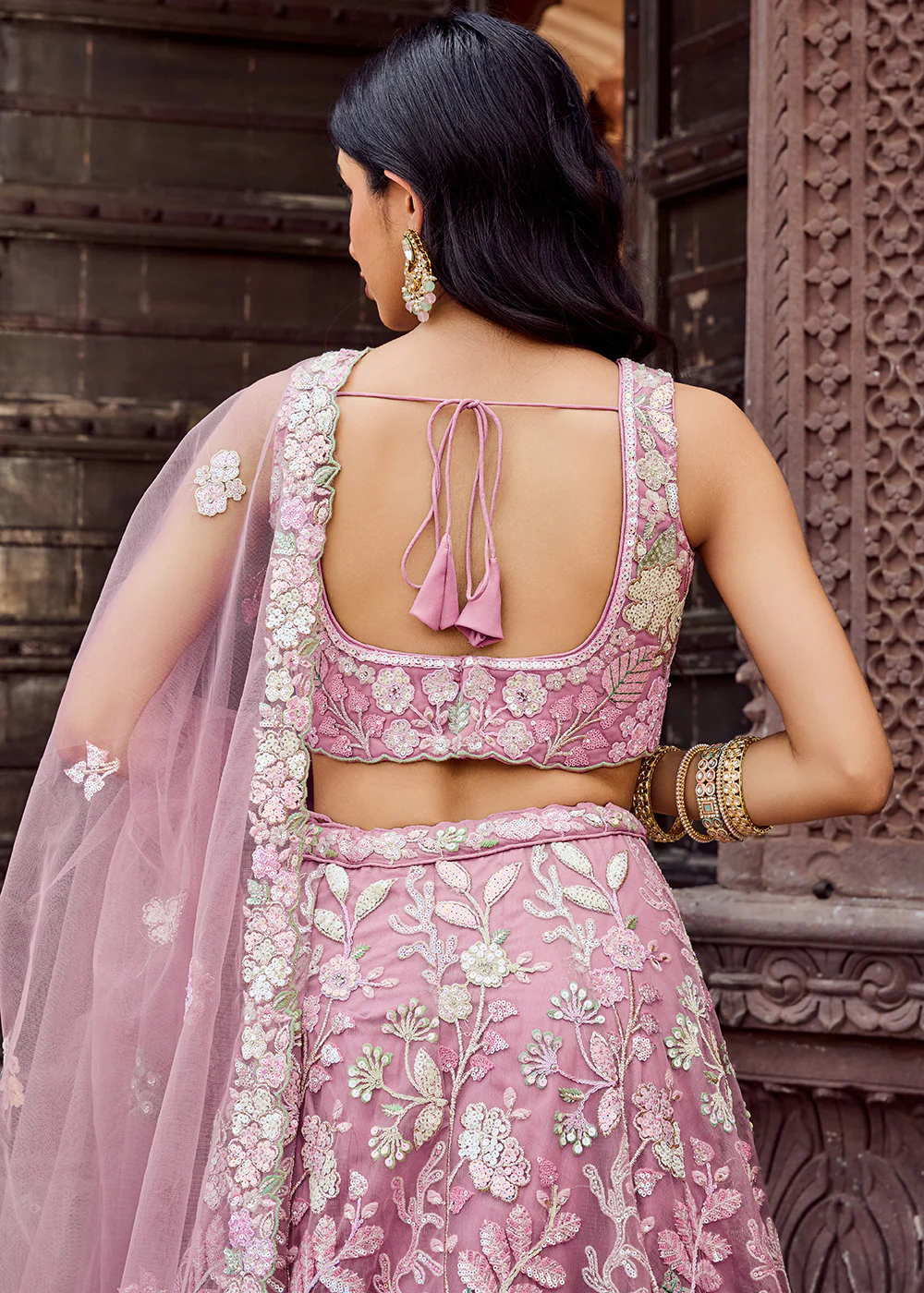 Net Embroidered Pink Wedding Party Lehenga Choli - Image 10