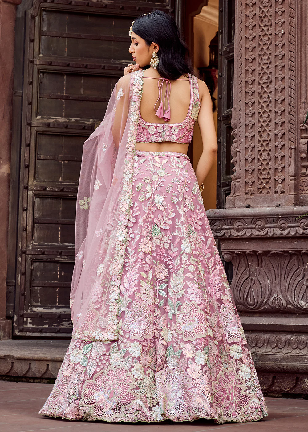 Net Embroidered Pink Wedding Party Lehenga Choli - Image 3