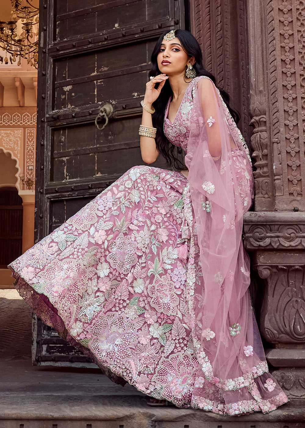 Net Embroidered Pink Wedding Party Lehenga Choli - Image 4
